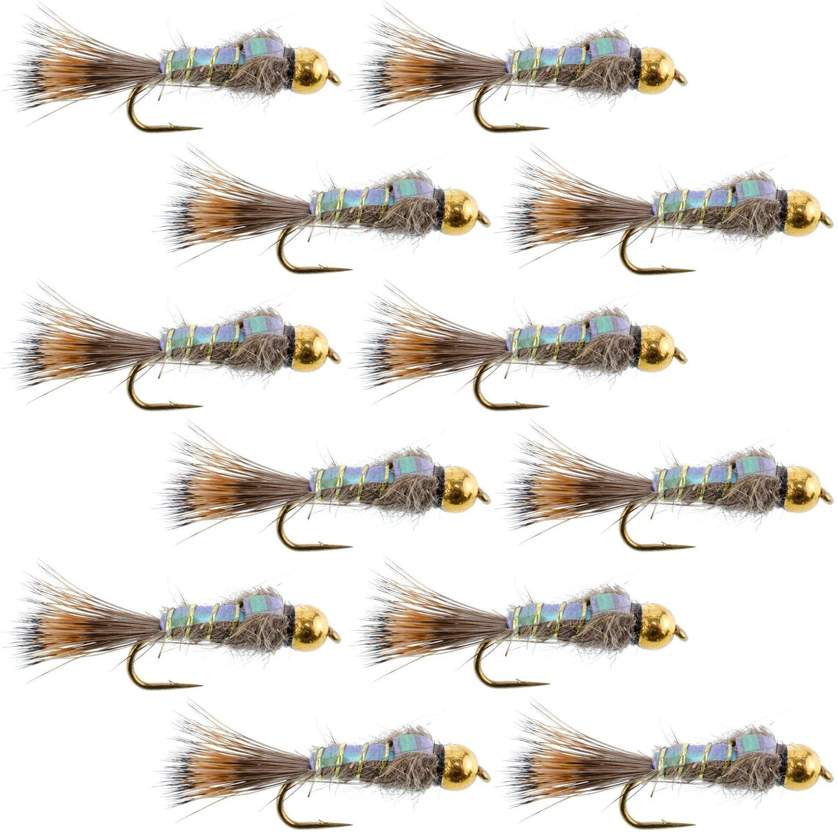 Gold ribbed Hare's Ear trout wet fly set, size 16, by The Fly Fishing Place, includes 12 nymph wet flies for trout fishing.