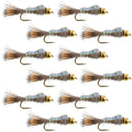 Gold-ribbed Hare's Ear trout wet flies with tungsten bead, size 14, in a set of 12 for fly fishing.