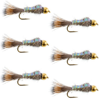 Set of six Bead Head Nymph Fly Fishing Flies, Flashback Gold Ribbed Hare's Ear Trout Wet Flies, size 16, for trout fishing.