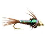 Three pack of bead head Flashback Pheasant Tail Nymph trout wet flies with hooks size 14, used for fly fishing.