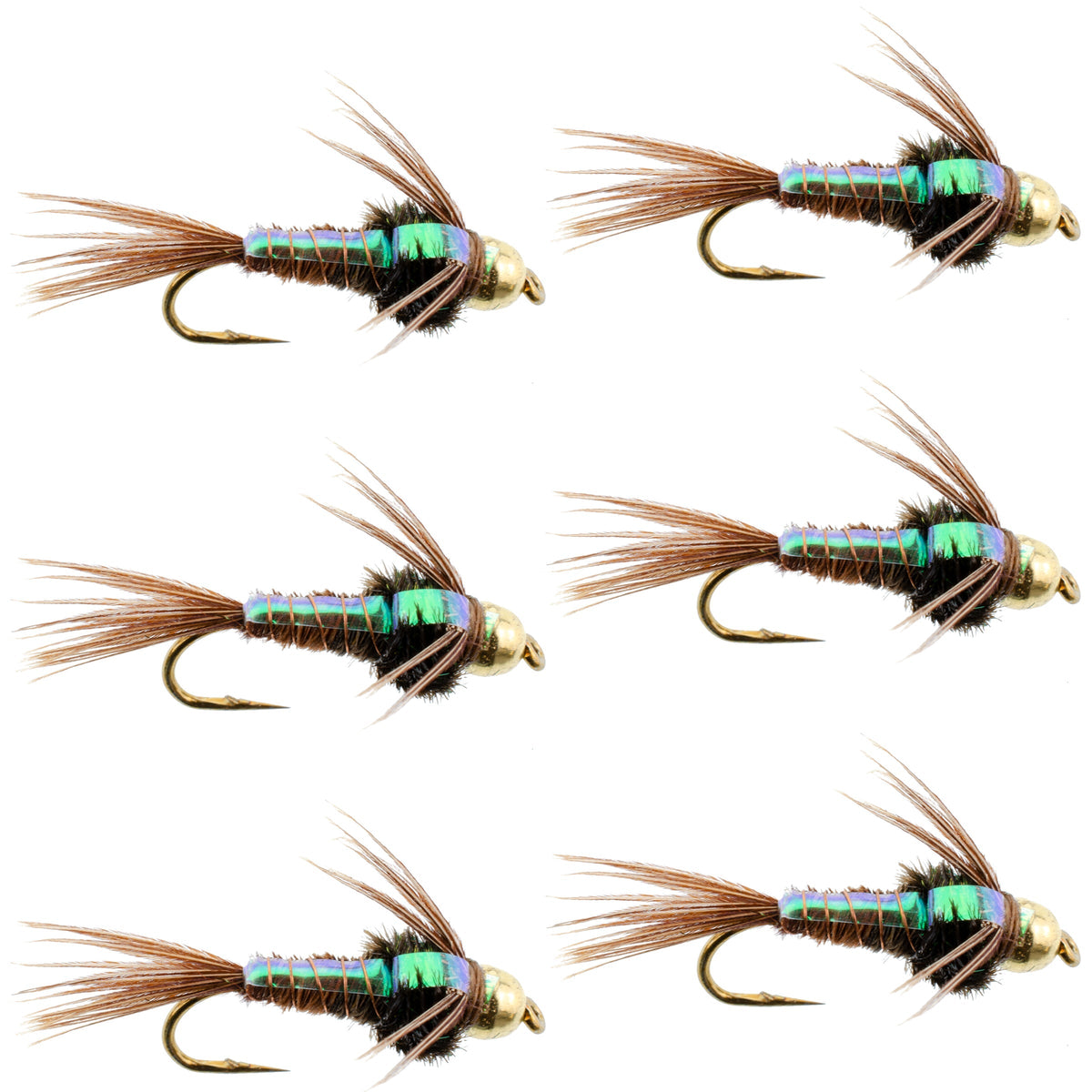 Set of six Bead Head Flash Back Pheasant Tail Nymph Trout Wet Flies with hooks size 10 for fly fishing by The Fly Fishing Place.
