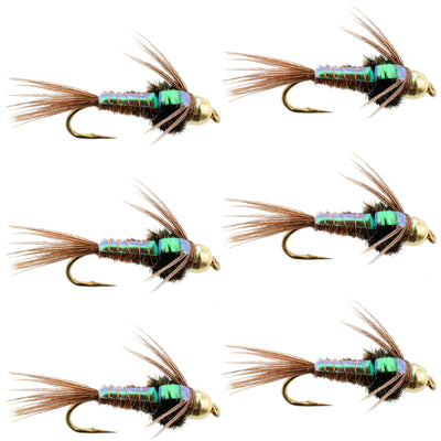 Set of six Bead Head Flash Back Pheasant Tail Nymph Trout Wet Flies with hooks size 10 for fly fishing by The Fly Fishing Place.