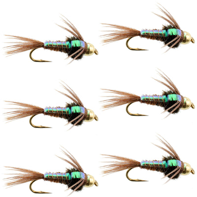 Set of 6 Bead Head Flash Back Pheasant Tail Nymph trout wet flies with size 18 hooks for fly fishing.