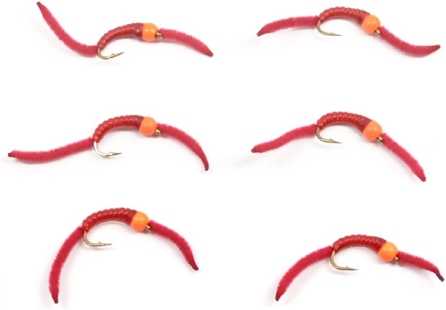 Set of six San Juan Worm Hot Orange Bead Power Worm Nymph Flies with red V-rib hooks, size 12, for trout fishing.