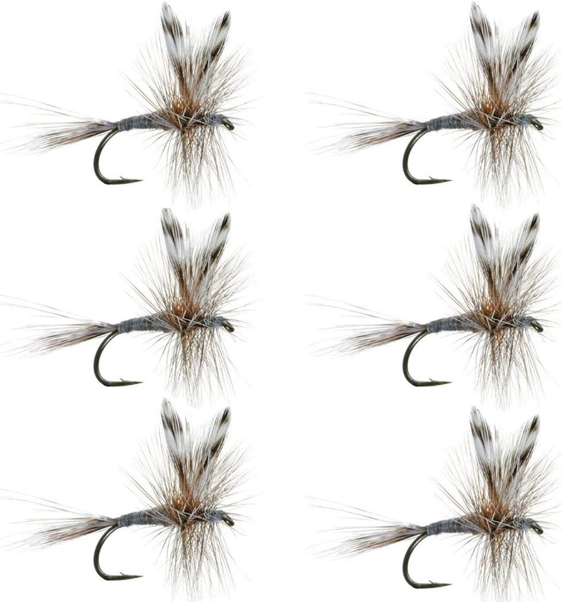 Six Adams Classic Dry Fly fishing lures for trout, hook size 14, from The Fly Fishing Place, displayed on a fishing setup.