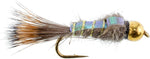 Three tungsten bead head Hare's Ear Nymph trout wet flies with gold rib, size 18, on hooks for fly fishing.
