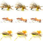 Assorted grasshopper trout flies from The Fly Fishing Place, foam hopper terrestrials, size 10, displayed on a fishing tackle background.