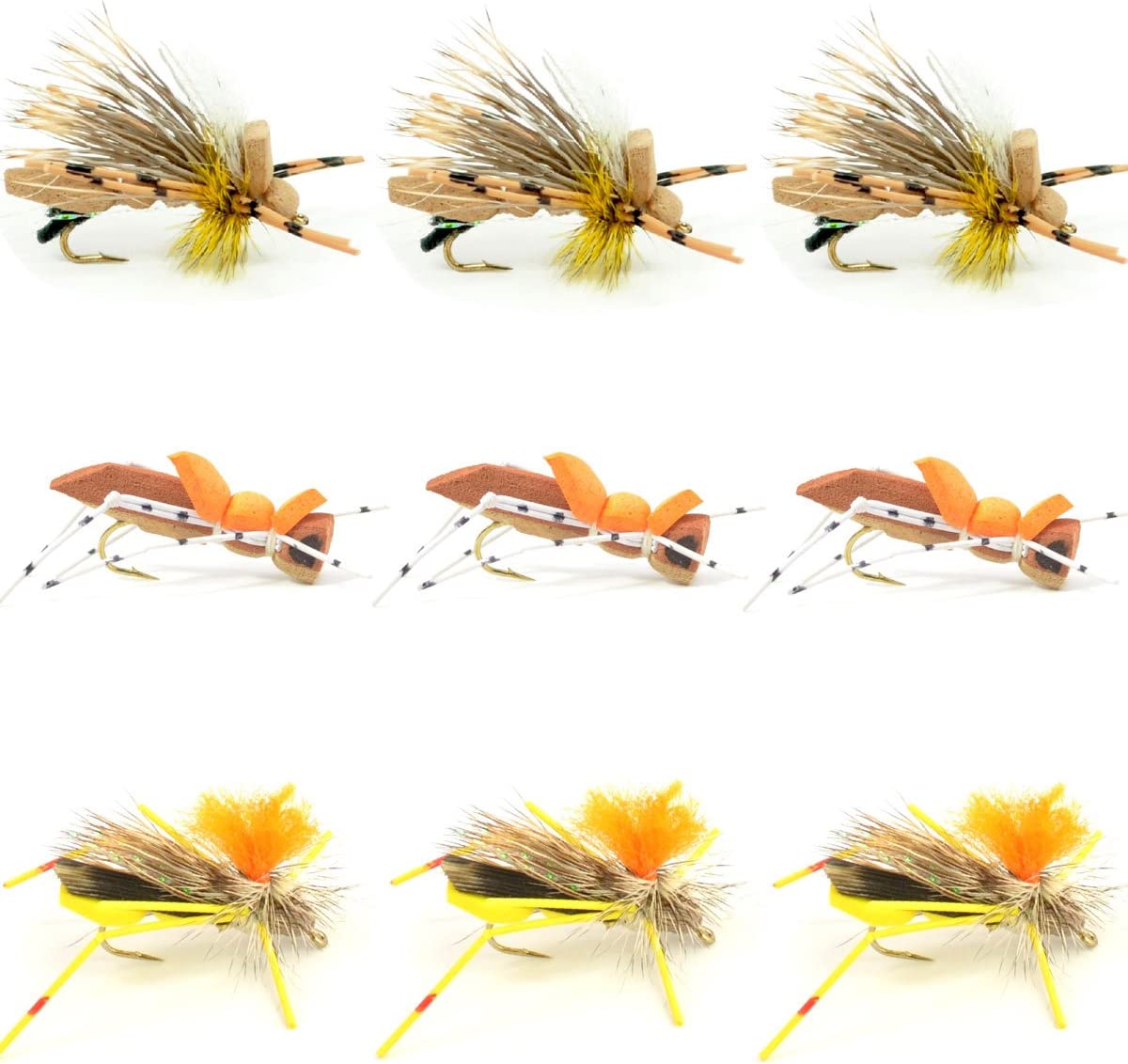 Assorted grasshopper trout flies from The Fly Fishing Place, foam hopper terrestrials, size 10, displayed on a fishing tackle background.