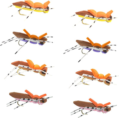 Eight Morrish Hopper Foam Dry Flies in four colors with size 10 hooks, designed for hopper dropper fishing, by The Fly Fishing Place.