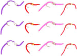 Trout fly assortment featuring San Juan Worm wet nymph flies on size 10 hooks, includes 3 flies of 4 different patterns.