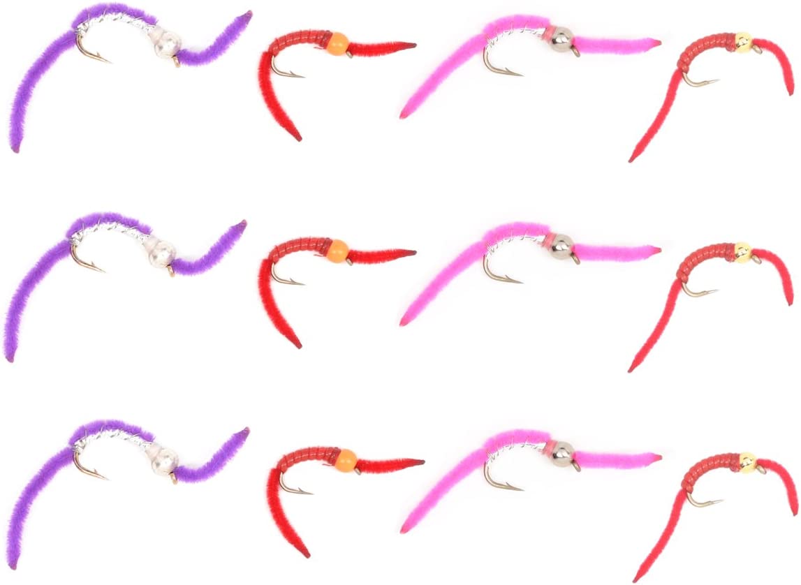 Trout fly assortment featuring San Juan Worm wet nymph flies on size 10 hooks, includes 3 flies of 4 different patterns.
