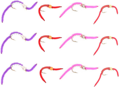 Trout fly assortment featuring San Juan Worm wet nymph flies on size 10 hooks, includes 3 flies of 4 different patterns.