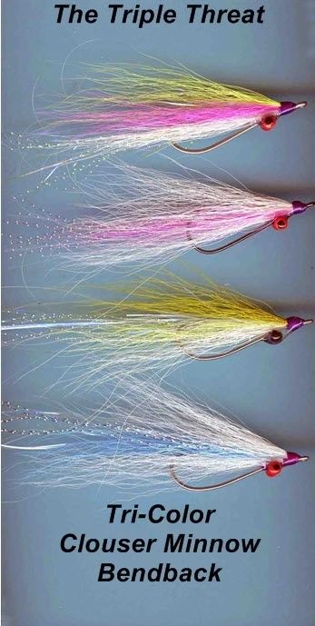 Clouser's Triple Threat Bendbacks fishing lures in various colors, designed for saltwater fly fishing by Clouser's Fly Shop.