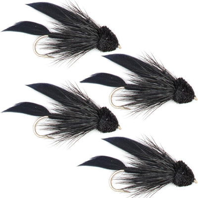 Black Muddler Minnow Streamers Fly set of four size 4 trout wet flies for fly fishing, featuring dark, realistic fish patterns.