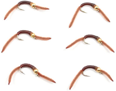 Brown San Juan Bead Head Power Worm V-Rib trout wet fly on size 14 hook, featuring brown coloration and V-rib design.