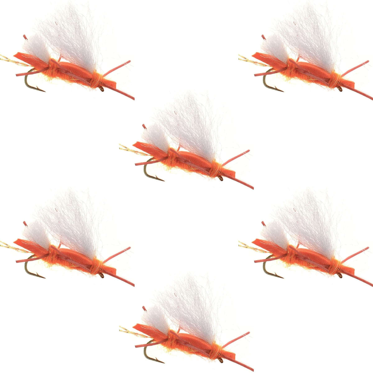 Set of six Chubby Chernobyl Ant orange foam dry flies for trout fishing, size 10 hooks, by The Fly Fishing Place.