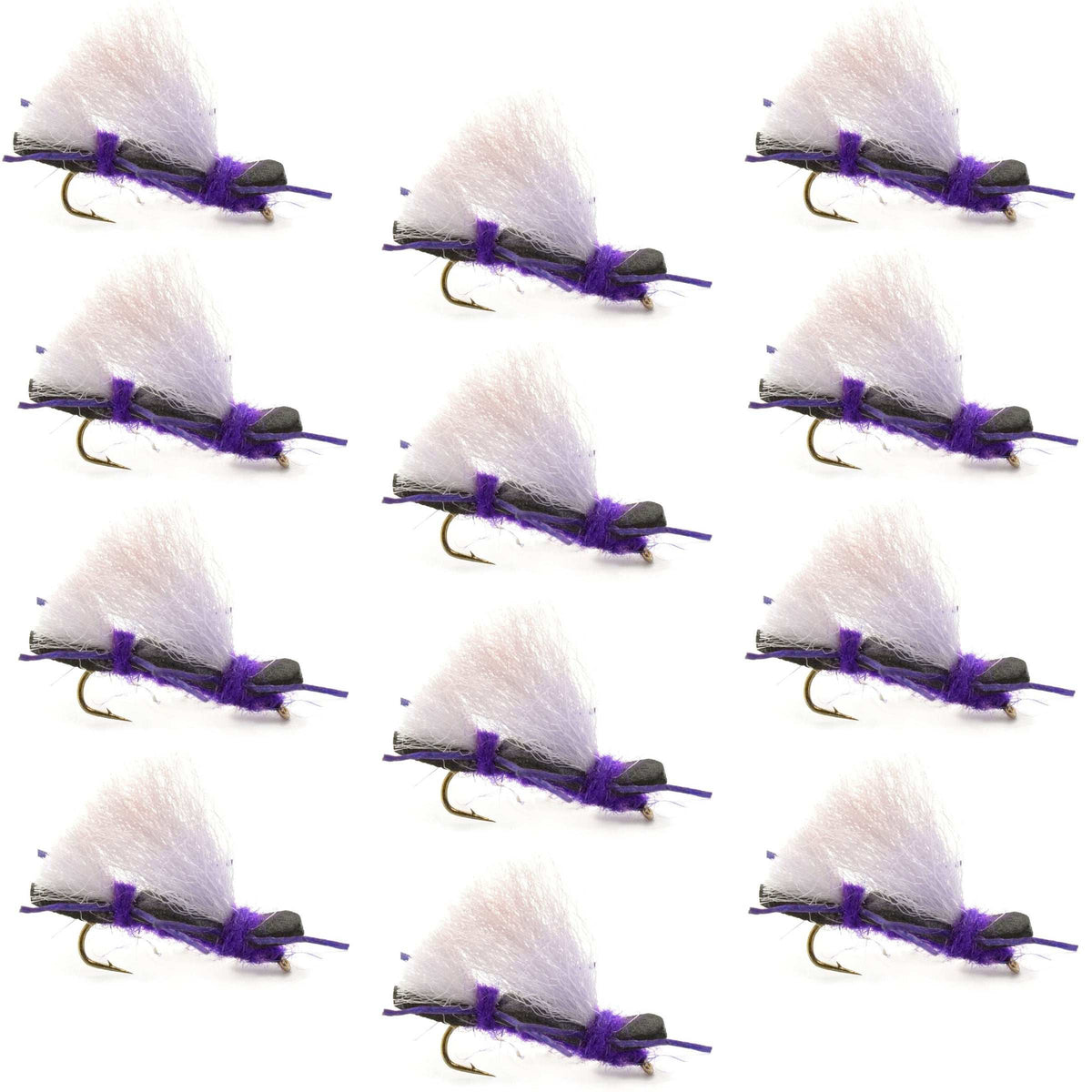 Set of 12 Chubby Chernobyl Ant purple foam dry flies for trout fishing, size 10, by The Fly Fishing Place.