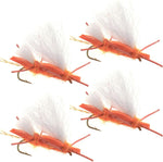 Four Chubby Chernobyl Ant orange foam dry flies for trout fishing, hook size 10, designed to mimic grasshopper and fly prey.