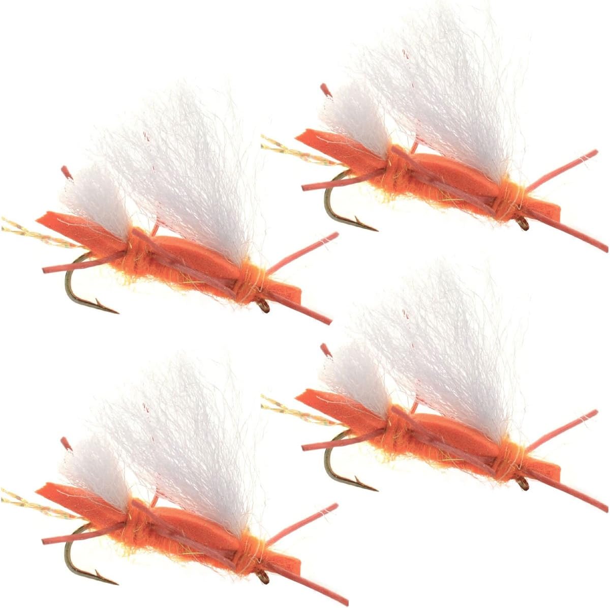 Four Chubby Chernobyl Ant orange foam dry flies for trout fishing, hook size 10, designed to mimic grasshopper and fly prey.