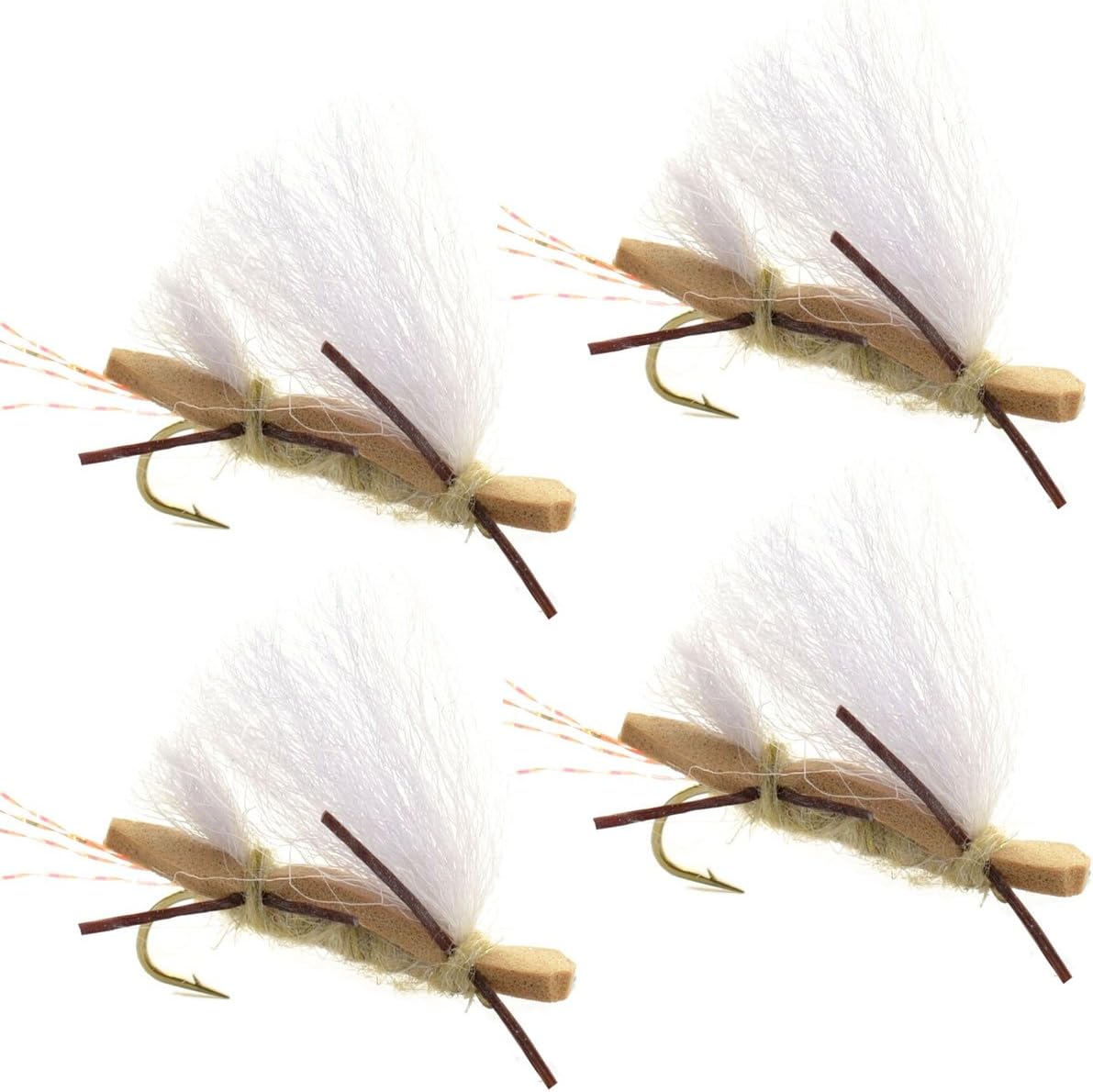 Four Chubby Chernobyl Ant tan foam dry flies for trout fishing with size 10 hooks, designed by The Fly Fishing Place.