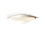 Fishing lure with white body and grayish-brown hair on a white background