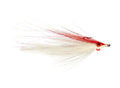 Red and white fly fishing lure on a black background
