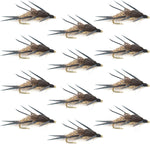 Set of 12 gold ribbed Hare's Ear Nymph fly fishing flies for trout and bass, size 14, with double bead for effective wet fly fishing.