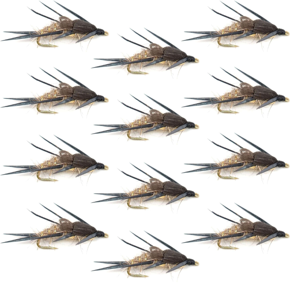 Set of 12 gold ribbed Hare's Ear Nymph fly fishing flies for trout and bass, size 14, with double bead for effective wet fly fishing.