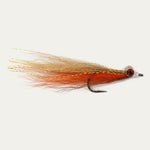 Fishing fly with orange and gold body on a white background
