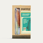 Packaged core clouser assortment with 'POSTFLY' branding on a light beige background