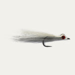 Fishing fly with gray and white body and red eye on a white background