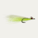 Fishing lure with green body and red eye on a white background