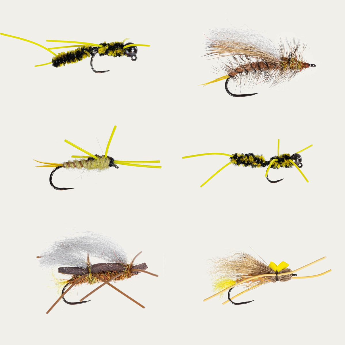 Golden Stonefly BugCycle fly assortment pack with six barbless flies from Ahrex, displayed on a white background.