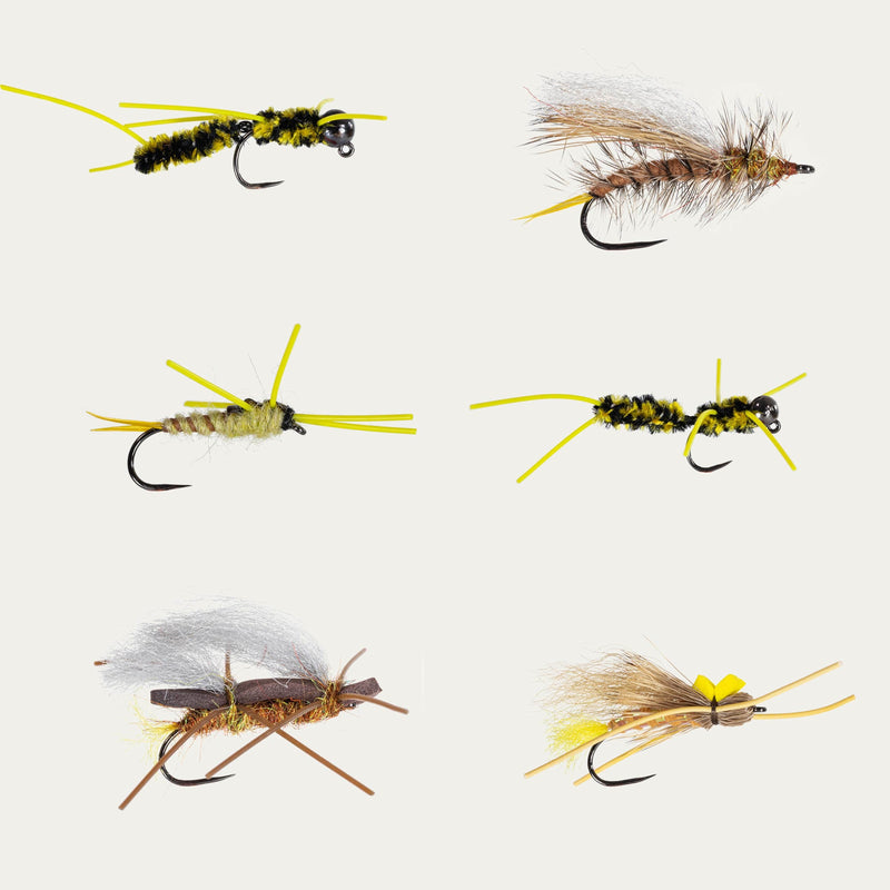 Golden Stonefly BugCycle fly assortment pack with six barbless flies from Ahrex, displayed on a white background.
