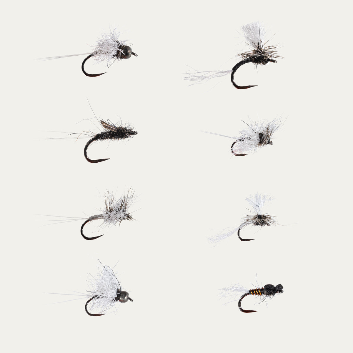 Set of fly fishing flies on a white background
