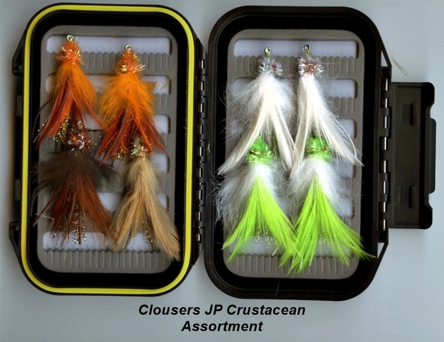 Clouser's JP Crustacean Assortment of fishing flies displayed in a clear container, used for fly fishing freshwater and saltwater species.