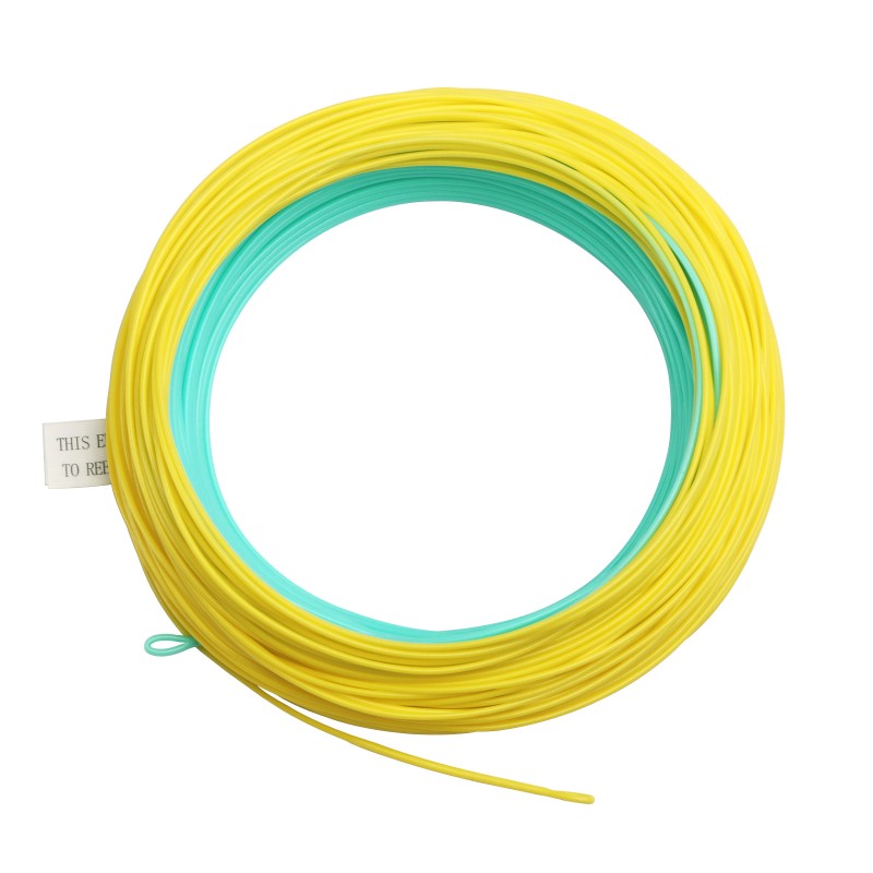 Coiled yellow and green fishing line on a white background