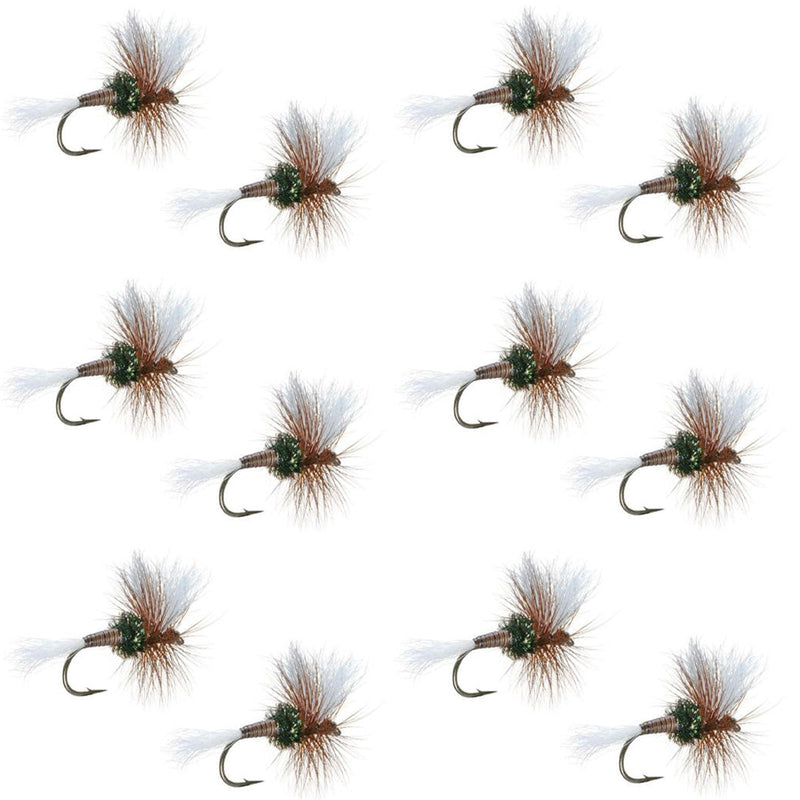 Set of 12 H & L Variant Classic Dry Fly fishing flies for trout, size 14, with realistic insect details on hooks.