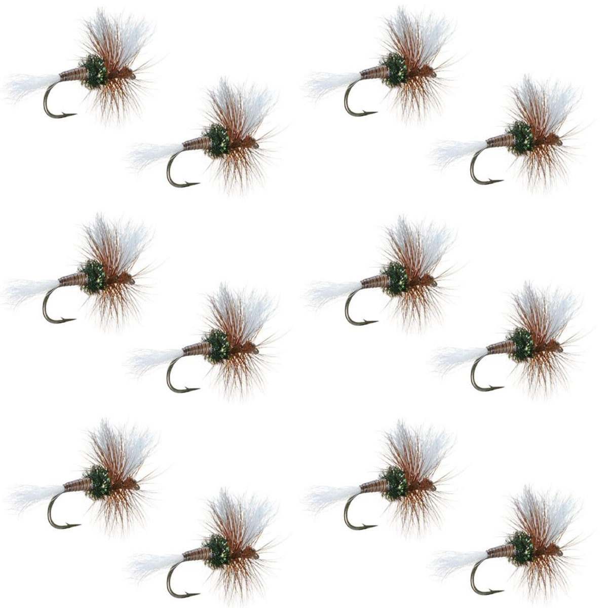 Set of 12 H & L Variant Classic Dry Fly fishing flies for trout, size 12, featuring realistic dry fly hooks by The Fly Fishing Place.