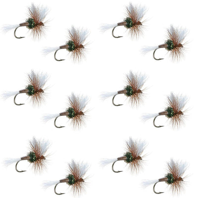 Set of 12 H & L Variant Classic Dry Fly fishing flies, size 16, designed for trout fishing, by The Fly Fishing Place.