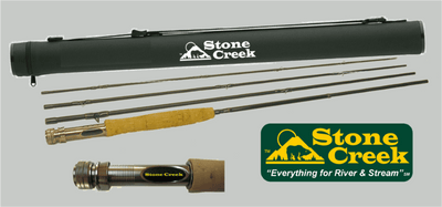 HG Series Fly Rod by Stone Creek Outfitters, showcasing a sleek graphite fishing rod with line guides and a comfortable ha