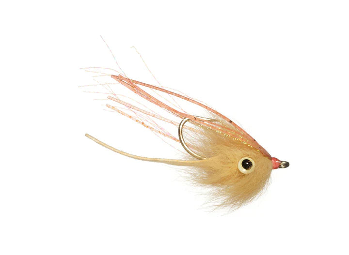Fishing fly with orange and beige colors on a white background