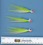 Three Clouser's Fly Shop bucktail jigs with painted heads and eyes, 1/8 oz, showing detailed hooks and colorful jig heads.