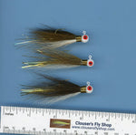 Three Clouser's Fly Shop Bucktail Jigs with painted heads and eyes, 1/8 oz, featuring colorful, lifelike fishing jig designs.