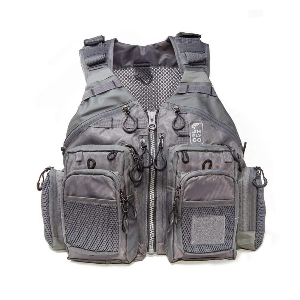 Jackson Hole Fly Company adjustable mesh fishing vest with multiple pockets, designed for anglers and outdoor fishing activities.