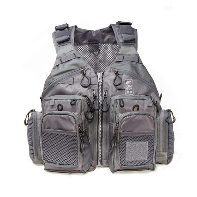 Jackson Hole Fly Company adjustable mesh fishing vest with multiple pockets, designed for anglers and outdoor fishing activities.