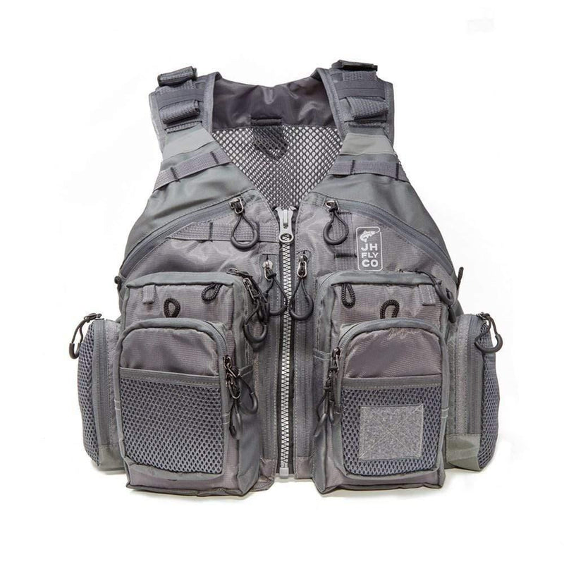 Jackson Hole Fly Company adjustable mesh fishing vest with multiple pockets, designed for anglers and outdoor fishing activities.