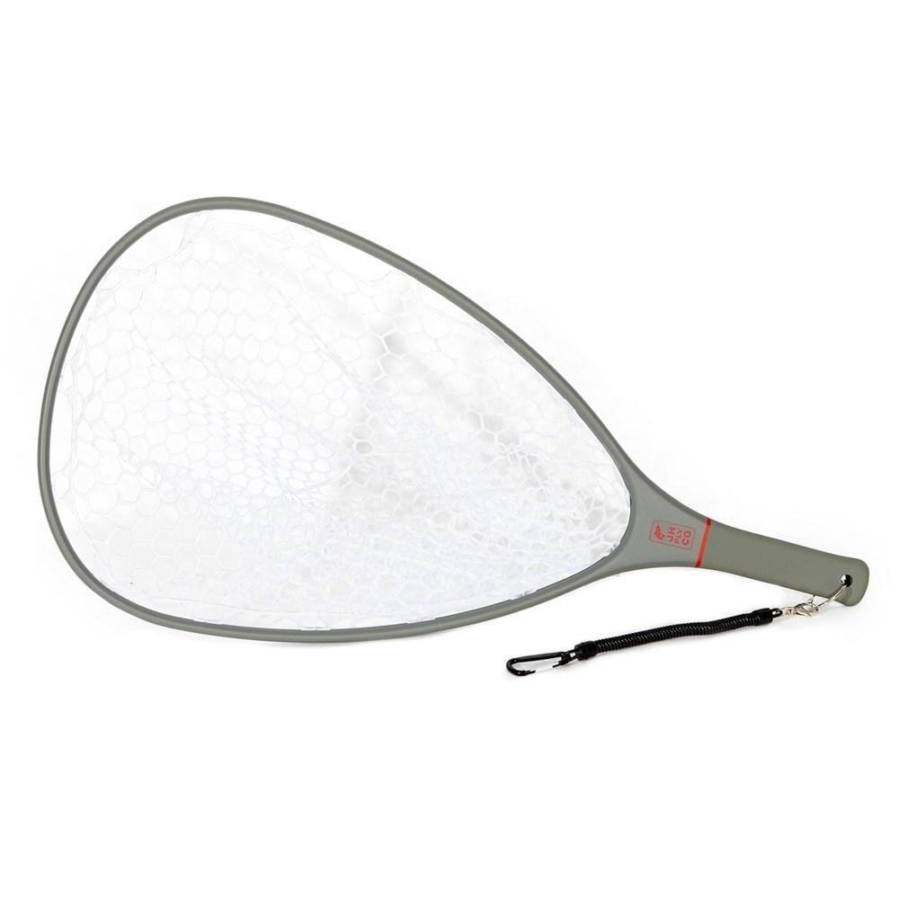 Jackson Hole Fly Company carbon fiber landing net with bungee cord and magnetic clasp, designed for fishing and catch retrieval.