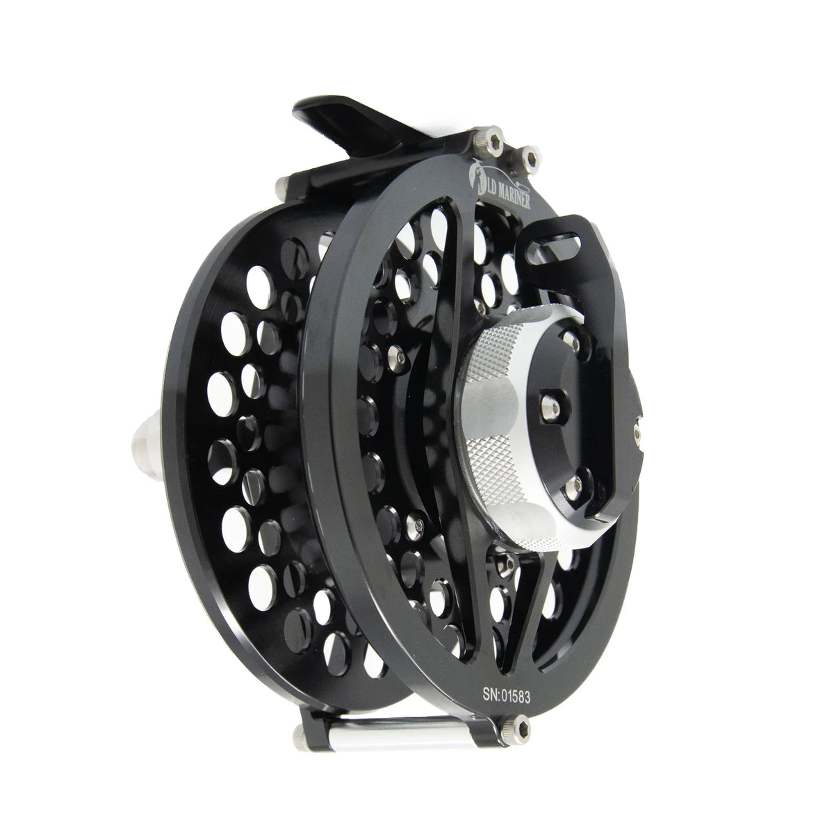Clouser's Fly Shop Old Mariner Offshore 10 wt lever drag fishing reel with black finish and detailed spool design.
