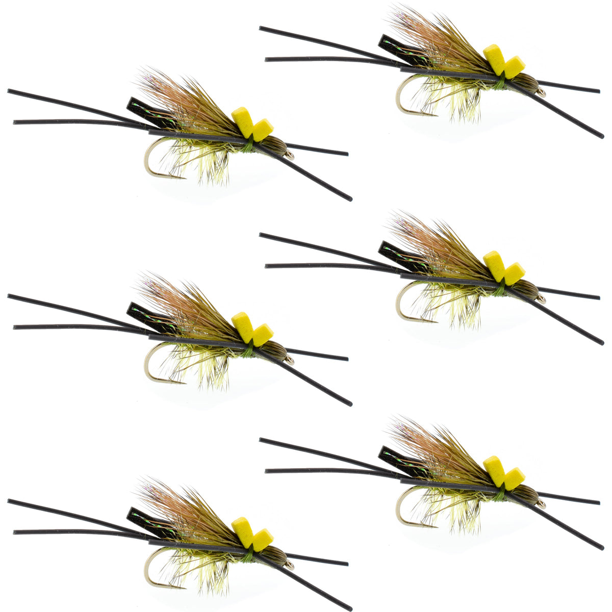 Six Long Tail Skwala Stone Fly Dry Trout Flies on hooks, adult Squalla stonefly dry fly pattern for trout fishing.